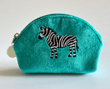 Load image into Gallery viewer, Aqua Velvet Hand Embroidered Zebra Pouch
