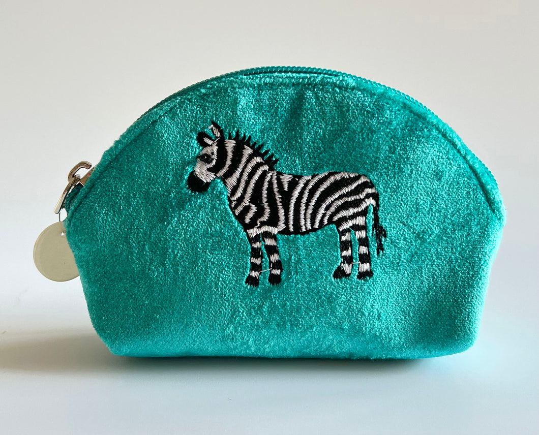 Aqua Velvet Hand Embroidered Zebra Pouch