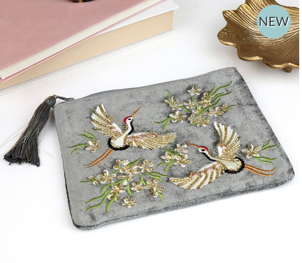 Grey Embroidered & Beaded Flying Cranes Purse/Pouch