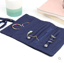 Load image into Gallery viewer, Navy Blue Embroidered Crane Velvet Jewellery Roll
