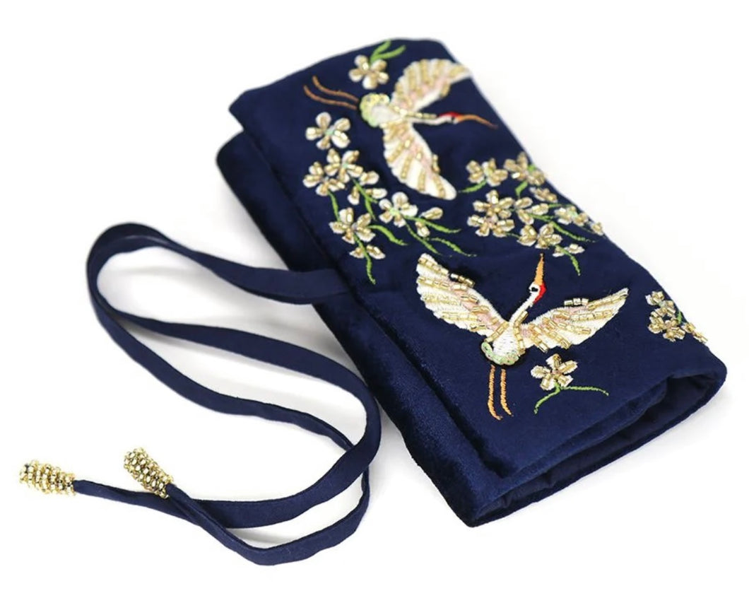 Navy Blue Embroidered Crane Velvet Jewellery Roll