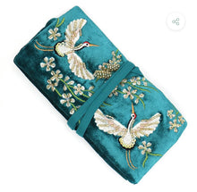 Load image into Gallery viewer, Bright Teal Embroidered Crane Velvet Jewellery Roll
