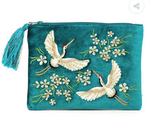 Load image into Gallery viewer, Bright Teal Embroidered &amp; Beaded Flying Cranes Purse/Pouch

