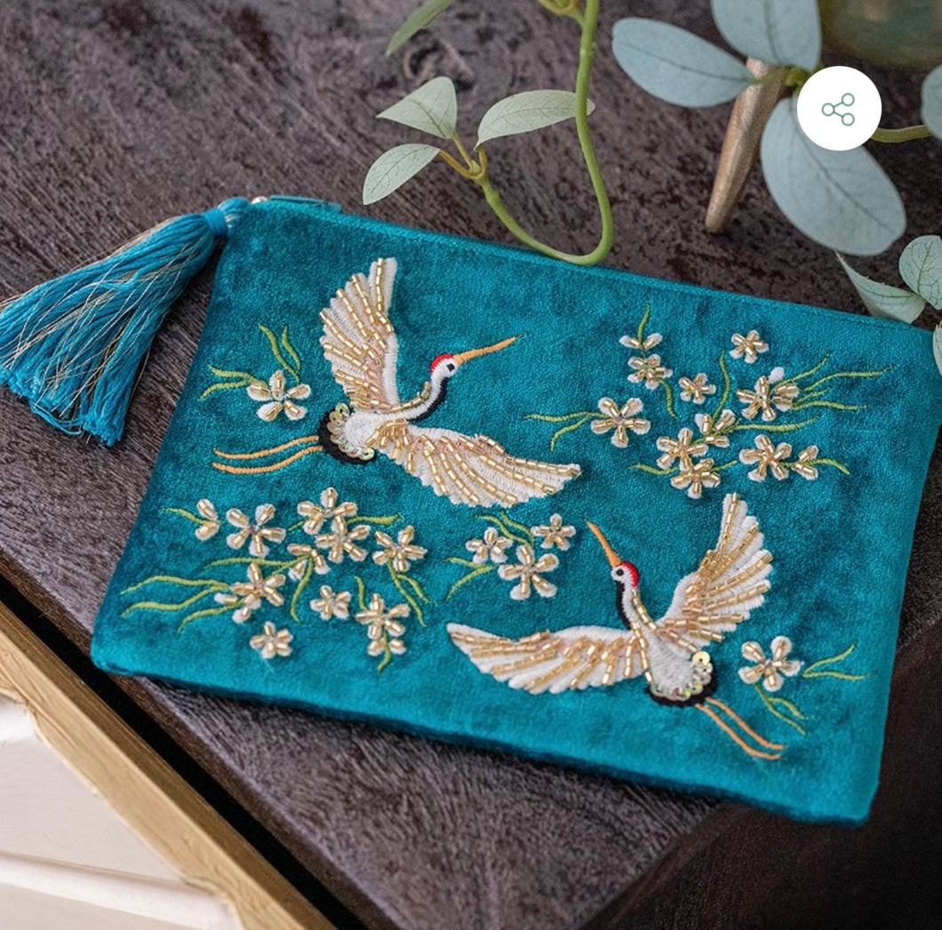 Bright Teal Embroidered & Beaded Flying Cranes Purse/Pouch