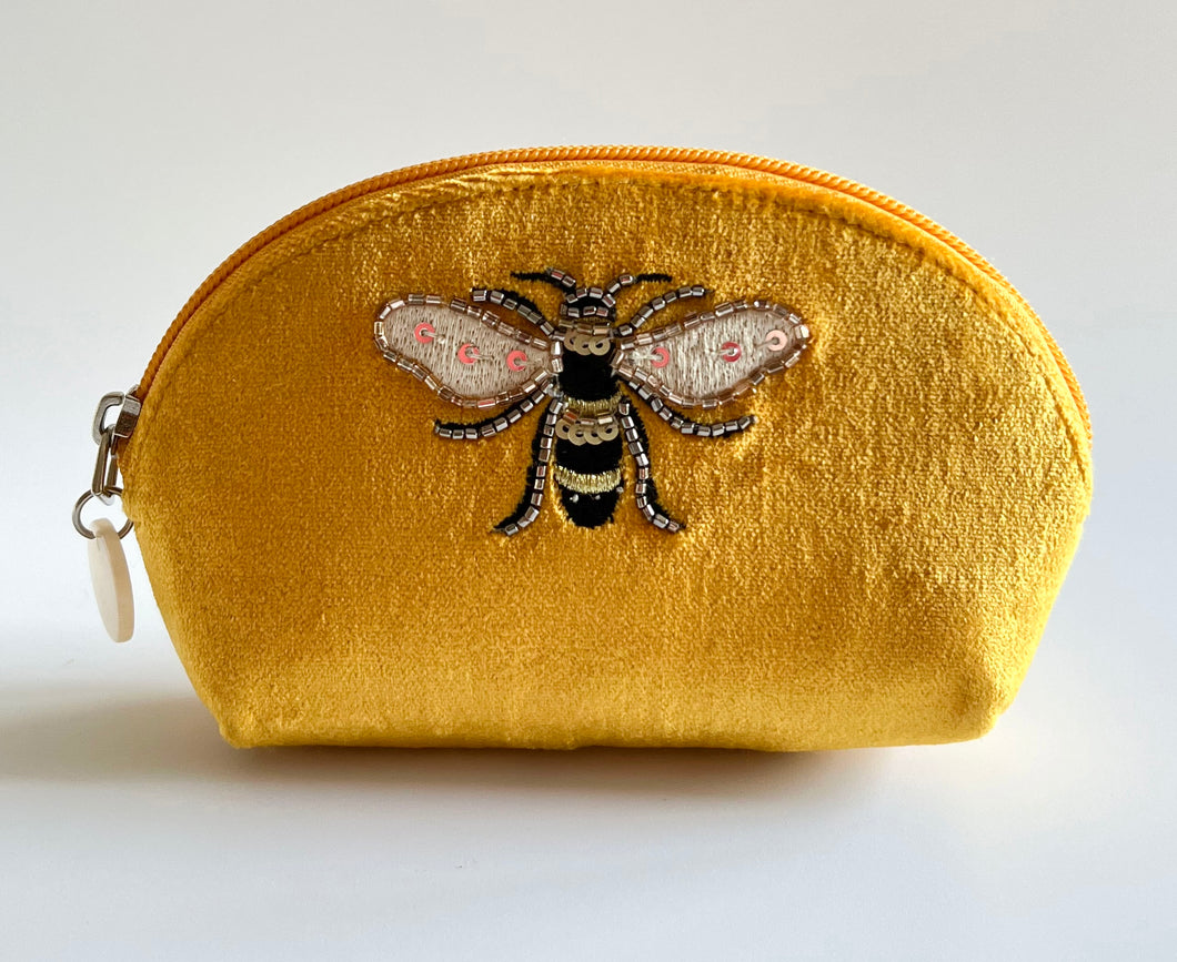 Mustard Velvet Hand Embroidered Bee Pouch