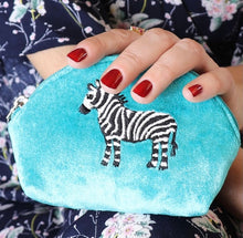 Load image into Gallery viewer, Aqua Velvet Hand Embroidered Zebra Pouch
