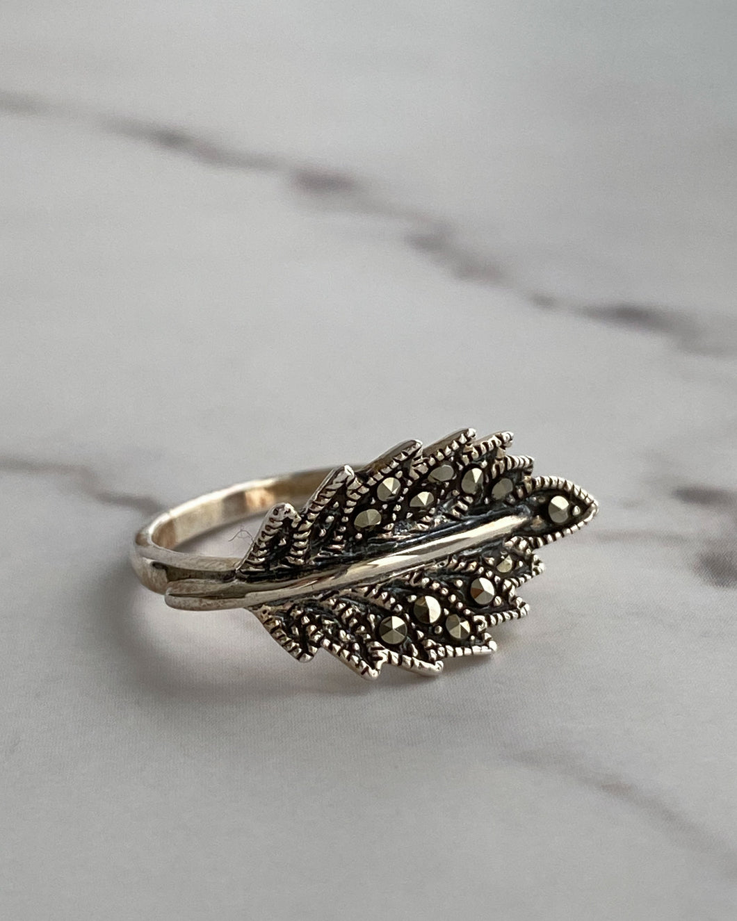 Marcasite and Silver Concave Leaf Ring