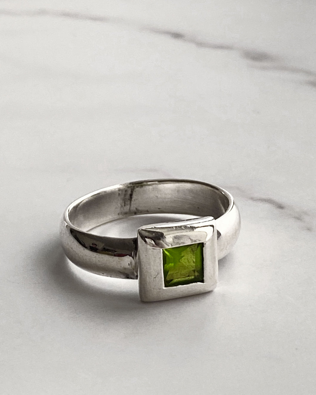 Silver Green Square Ring