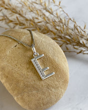 Load image into Gallery viewer, Art Deco E Pendant with Cubic Zirconia Stones in a Silver Chain
